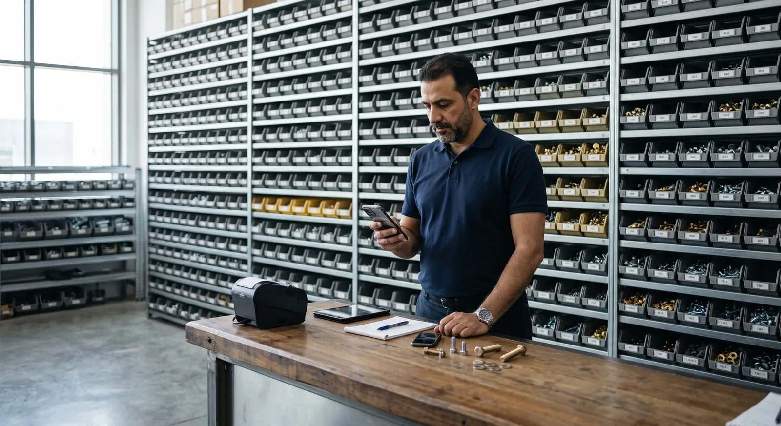 A distributor's trade counter with shelves of fastener bins